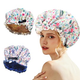 Luxury 2 Pieces Reusable Shower Cap for Women Double Layered Shower Caps Bonnet with Adjustable Elastic Strap, Leakproof Nonslip Large Satin Lined Bath Cap for All Hair Lengths-Ladies Gift Packing