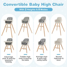 HONEY JOY High Chair, 3-in-1 Eat & Grow Wooden Highchair/Toddler Chair with Removable Tray, 5-Point Harness, PU Cushion and Footrest for Baby, High Chair for Babies and Toddlers(Gray)