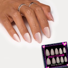 PSYTONE Glossy Frosted Cat Eye Press on Nails Almond with Glue, Fake Nails Resistant to Falling Off, Perfect Fit and Reusable Press on Nails, 15 Sizes 30 Pieces Nail Kit, Nudelicious