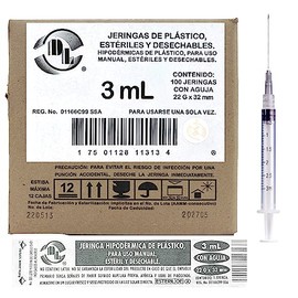 DL Caja De 100 Jeringas 3 mL Con Aguja 22 G X 32 mm