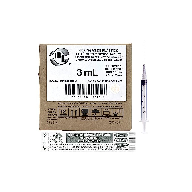 DL Caja De 100 Jeringas 3 mL Con Aguja 22