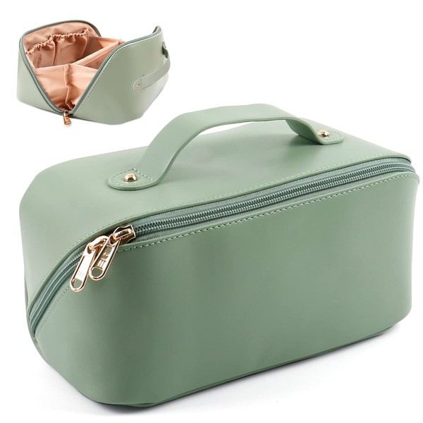 MAMUNU Large Capacity Cosmetic Bag Travel Cosmetic Storage Bag with Handle Portable Zipper Cosmetic Bag Toiletry Bag Makeup Bag Large with Compartments for Women Girls (Green)