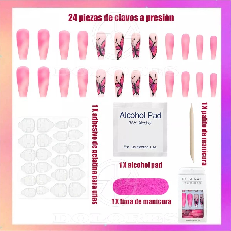 Dolores Kit Uñas Postiza Y Pegamento Larga Con Diseño Press