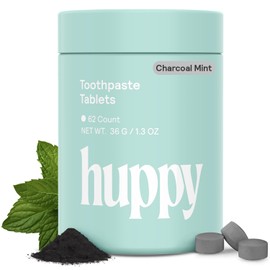 HUPPY Toothpaste Tablets, Nano Hydroxyapatite - Natural Whitening, Fluoride Free and Remineralizing - Travel Tabs, Charcoal Flavor, 62 Count