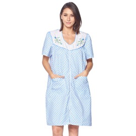 Casual Nights Women's Zipper Front House Dress Short Sleeves Embroidered Seersucker Housecoat Duster Lounger - Dots Blue - 3X-Large