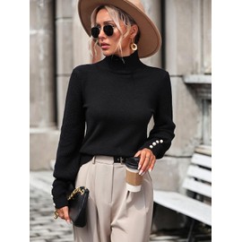 Upopby Women's Fall Winter Turtleneck Sweaters for Women 2023 2024 Trendy Lantern Sleeve Knitted Pullover Sweater Jumper Tops Black XL