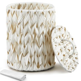 Ctosree 1.3 Gallons Small Trash Can with Lid Handle Boho Woven Braided Bathroom Waste Basket Trash Can with 100 Garbage Bags for Bedroom Office Laundry(Cream White,Braided Polypropylene,Round)