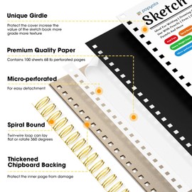 POPYOLA 9" x 12" Sketch Book with Bookmark Ruler, 100 Sheets Spiral Sketchbook for Drawing (68lb/100gsm), Acid Free Sketch Pad Artist Sketching Drawing Paper for Kids Teens Adults Artists