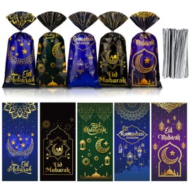 Skyygemm 100 Pcs Muslim Ramadan Gift Bags with 150 Pcs Silver Ties Eid Mubarak Cellophane Treat Bags Moon Star Eid Wrap Goodie Bags for Snack Candy Islamic Party Eid Al Adha Decorations