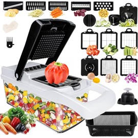 Cortador de Verduras, Picador de Verduras Multifuncional 22en1, Mandolina Rallador de Verduras para Cocina con 12 Cuchillas de Acero Inoxidable y Contenedor, para Frutas, Verduras y Ensaladas (Negro)