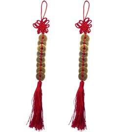 Amazleer 2pcs Emperor Money Wealth Success Lucky Charm Red Knot Lucky Tassels Lucky Coins Chinese Feng Shui Coins Anger Decorations Car Pendant (2 Long)