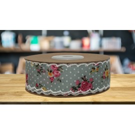 Vintage Floral Shabby Chic Ribbon - 1" x 10 Yards, Victorian Blue Gray Ribbon with Pink Roses and Scalloped Stitched Edges, Easter, Mother's Day, Hair Bow, Corsage, Wedding, Christmas, Valentine's Day