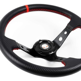 W Power Exclusive Angry-Panda 350MM Deep Dish Drift Style Red Stitch Carbon PVC Leather 6 Hole Steering Wheel
