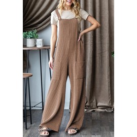 Dokotoo Womens Overalls Brown Casual Jumpsuits for Women Loose Fit Solid Color Wide Leg One Piece Sleeveless Jumpsuit Adjustable Straps Long Pant Rompers with Pockets Medium