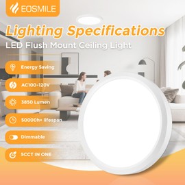 EOSMILE 1Pack 15.8 Inch LED Flush Mount Ceiling Light, 35W, 3850LM, 2700K-5000K 5Color Selectable & Dimmable, White Thin Flat Surface Mount Lights for Bedroom, Living Room, Dining Room, Garage
