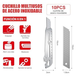 Cutter Profesional, Cuchillo Multiusos de Acero Inoxidable con 11 Hoja Retráctil. Navaja de Usos Múltiples Portátiles, Cortador Utilitari de Multiherramientas para Oficina, Escuela y Hogar (Plata)