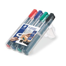 Staedtler Lumocolor Permanent Marker, Broad Chisel Tip, Refillable, Box of 4 Assorted Color Markers (Red, Blue, Green, Black) 350 WP4
