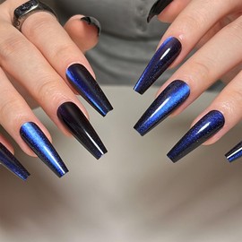 Cat Eyes Long Press on Nails Coffin Blue Fake Nails Press ons Silver Glitter Full Cover Extra Long Acrylic Nails Glossy Stick Glue on Nails for Women Girls 24 Pcs