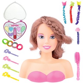 Makeup and Hair Styling Doll Head Toy Kit - Kids Pretend Play Set with Real Washable Cosmetics and Style Accessories for Little Girls