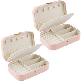 Travel Jewelry Box, PU Leather Small Jewelry Organizer for Women Girls, Double Layer Portable Mini Travel Case Display Storage Holder Boxes for Stud Earrings, Rings,Necklaces,Bracelets (pink 2pcs)