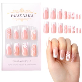 LLMSIX 24PCS Press on Nails, Medium Square Fake Nails White French Tip Press on Nails with 3D Bow Full Cover Acrylic Press on Nails Glue on Nails for Women