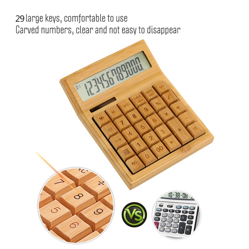 Multifunctional Bamboo Electronic Calculator Counter 12 Digits Solar & Battery