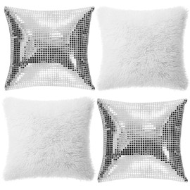 4 Pcs Silver Disco Ball Pillow Cases White Plush Square Pillow Cases 18x18 Inch Silver Glitter Fluffy Cushion Covers for Retro Last Disco Bachelorette 70s 80s 90s Disco Party Bridal Shower New Year