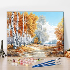 TUMOVO Paint by Number for Adults Autumn Landscape with Birch Trees Blue Sky Paint Number Kits DIY Painting for Adults Paint-by-Numbers Kits Arts Craft for Home Wall Decor(16x20 Inch)