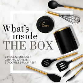 STYLED SETTINGS Black and Gold Kitchen Utensils Set – 8 Piece Silicone Cooking Utensils with Gold Handles, Black Ceramic Utensil Holder & Spoon Rest – Heat Resistant, Nonstick Safe, Sleek Storage