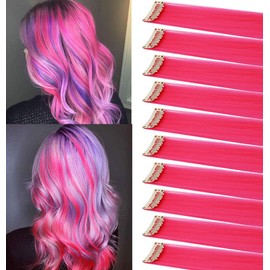 LSKJMO10PCS Pink 22 inch Colorful Party Highlights Clip in Colored Hair Extensions Multicolor Straight Synthetic Hairpieces for Women Kids Girls