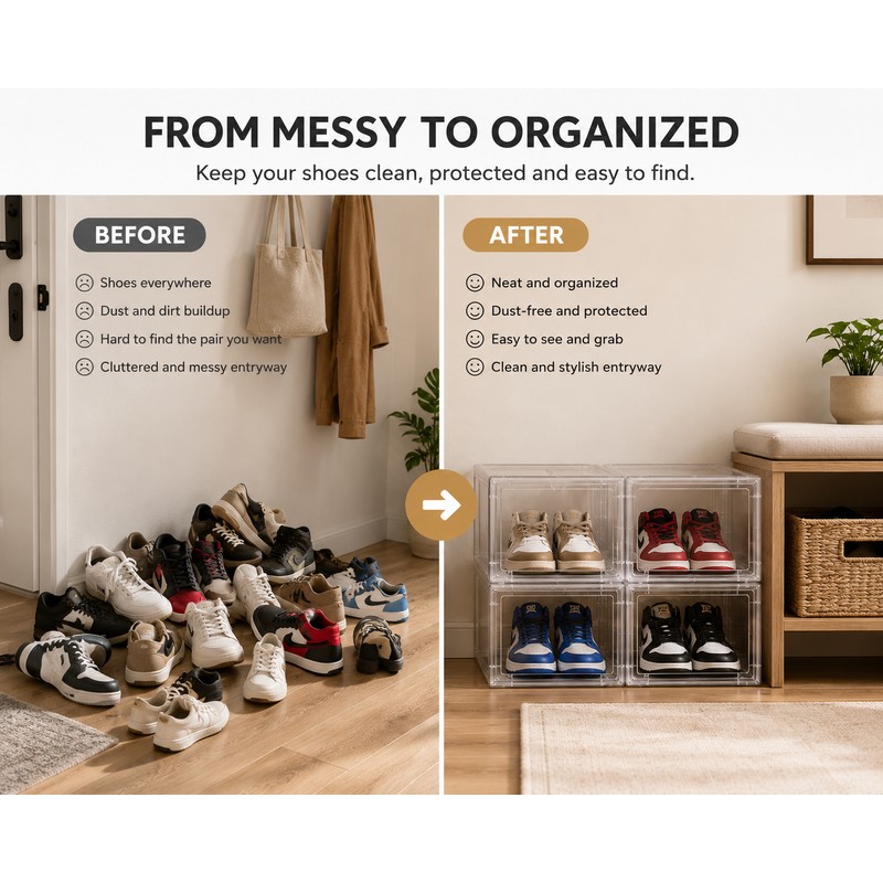 Large Clear Sneaker Display Box with Magnetic Front Door, Stackable