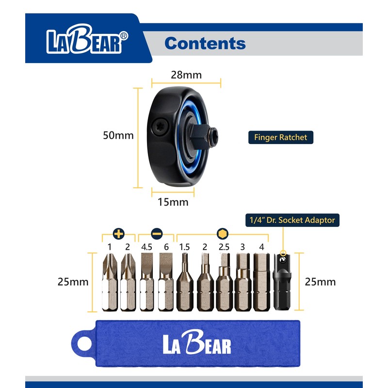LABEAR- 3/8" Drive Gimbal Ratchet with 1/4" bit holder, Palm