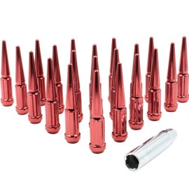 Wheel Accessories Parts 14x1.5 Spike Lug Nuts Red Solid Metal Lug Nuts M14x1.5 Thread 4.4 Inch Tall Closed End Bulge Acorn Spiked Lug Nut Set of 32 Red 1 Long Socket Key (14x1.5 Red Spike, 32 PC)