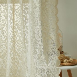 Bujasso Beige Lace Window Curtains Vintage Floral Sheer Curtain Panels 95 inch for Living Room Bedroom Elegant Light Filtering Beige Drapes Window Treatment Sets Rod Pocket 2 Panels 54" Wx95 L