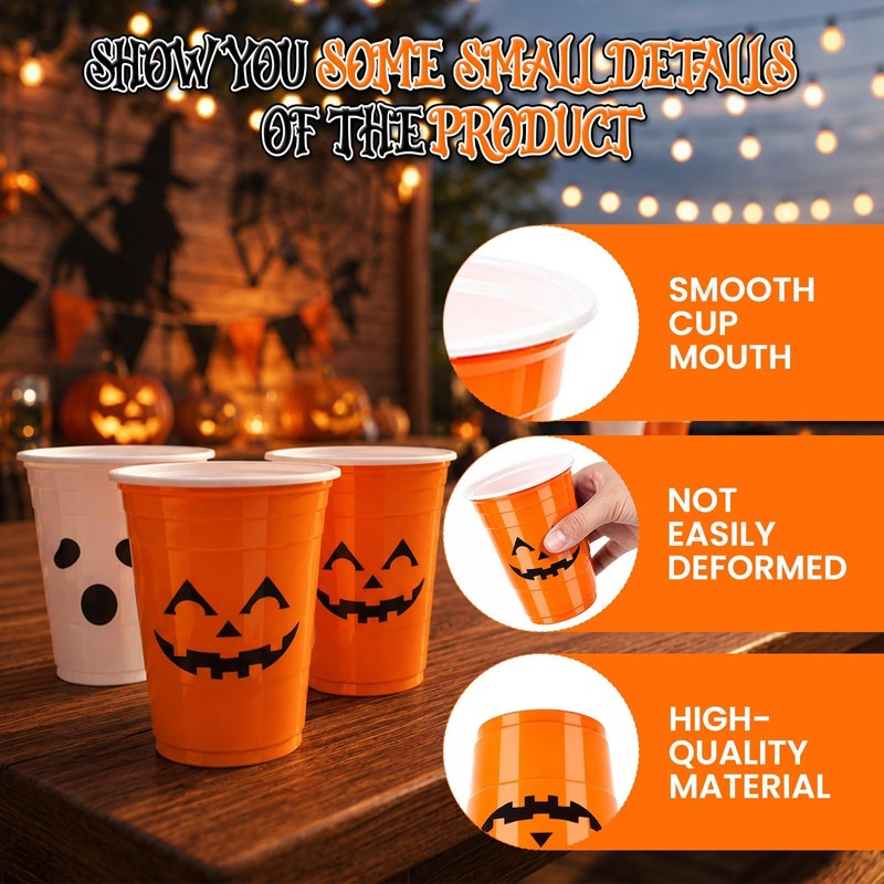 100 Pack 16oz Halloween Plastic Cups - Orange & White