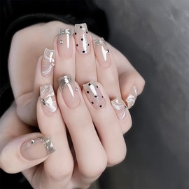 Short Press on Nails Coffin Fake Nails Black Dot Glitter Designs White Ribbon Glue on Nails Nude Nails Press ons Silver Lines French Tip False Nails Artificial Stick on Nails for Women 24Pcs