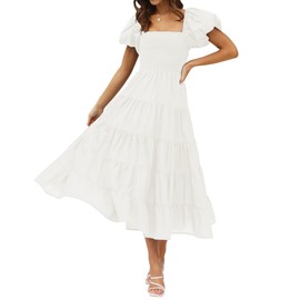 ZESICA Women's 2025 Summer Square Neck Short Puff Sleeve Solid Color High Waist Casual Smocked Flowy A Line Tiered Midi Dress,White,X-Small