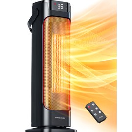 VAGKRI 24” Oscillating Ceramic Tower Space Heater，Fast Ceramic Heater with Thermostat and Remote,Portable Electric Heater with Tip-Over & Overheating Protection, 3 Modes for Bedroom, Office Black