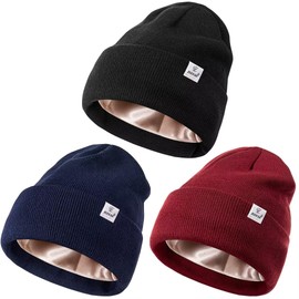 3 Pack Satin Lined Winter Beanie Hats,Silk Lined Beanie Knit Soft Warm Cuffed Hat for Women Men Color 4