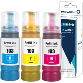 LCL 103 Ink Bottle Compatible with Epson EcoTank L1110‎ L1210 L1250 L3100 L3101 L3110 L3111 L3150 L3151‎ L3156 L3160 L3210 L3211 L3213250 L3251 L3256 L3260 L3266 L3550 (3 Packs, Cyan Yellow Magenta)