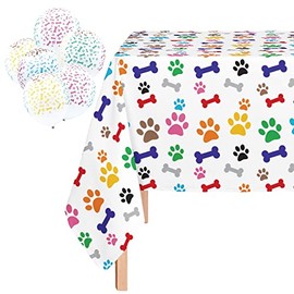 Oojami 1 Pack Paw Print Colorful Table Cover Includes Balloons Ideal for Kids Birthday Party, Dog Birthday Theme Party, Puppy Paw Print Tablecloth 54" x 108"
