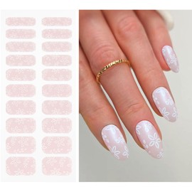 JMEOWIO Gel Nail Stickers Transparent Pink Flower Semi Cured Gel Nail Strips Wraps UV/LED Nails Art Design Decoration Accessories