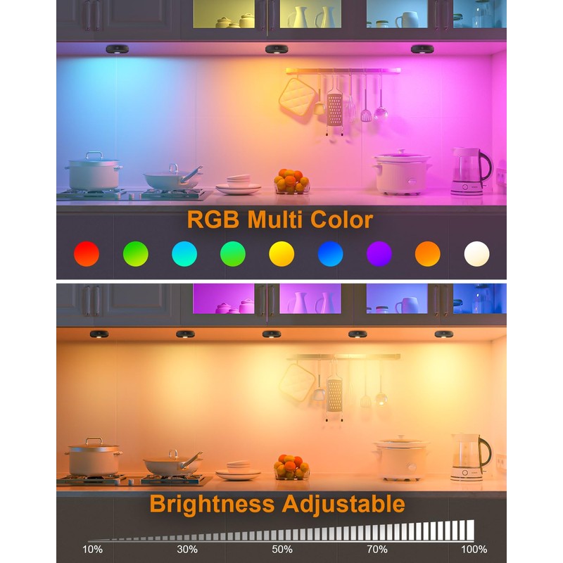 WILLED Under Cabinet Lighting Wireless,RGB Rechargeable Puck Lights with Remote
