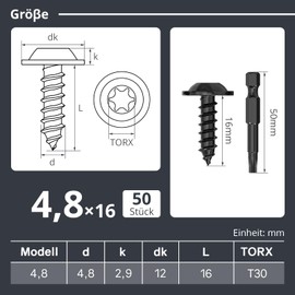 Dayalo Pack of 50 self-tapping screws, 4.8 x 16 mm, black, stainless steel flat head with disc Torx screws, self-tapping screws, drilling screws, wood screws, lens head, fully threaded, with drill