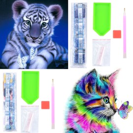 Xiaomoyu 2 Pcs 5D Diamond Art Painting Kits Full Drill, Cat Butterfly and Tiger Crystal Rhinestone Embroidery Pictures DIY Craft Paintings Kits Gifts for Kids, Adults, Home Wall Decor