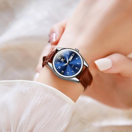 OLEVS Watches for Women Brown Leather Blue Ladies Watch Analog Quartz Fashion Dress Small Wrists Watch Waterproof Easy Read Elegant Womens Watches Date Day Luxury Classic Luminous Reloj para Mujer