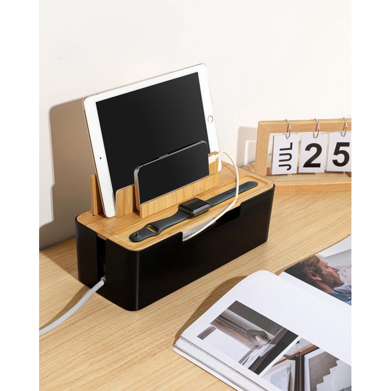 BUYSK Cable Management Box with Wooden Lid, Multi-Device Organizer for