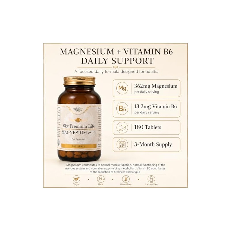 Sky Premium Life Magnesium & Vitamin B6 Supplement 180 Tablets