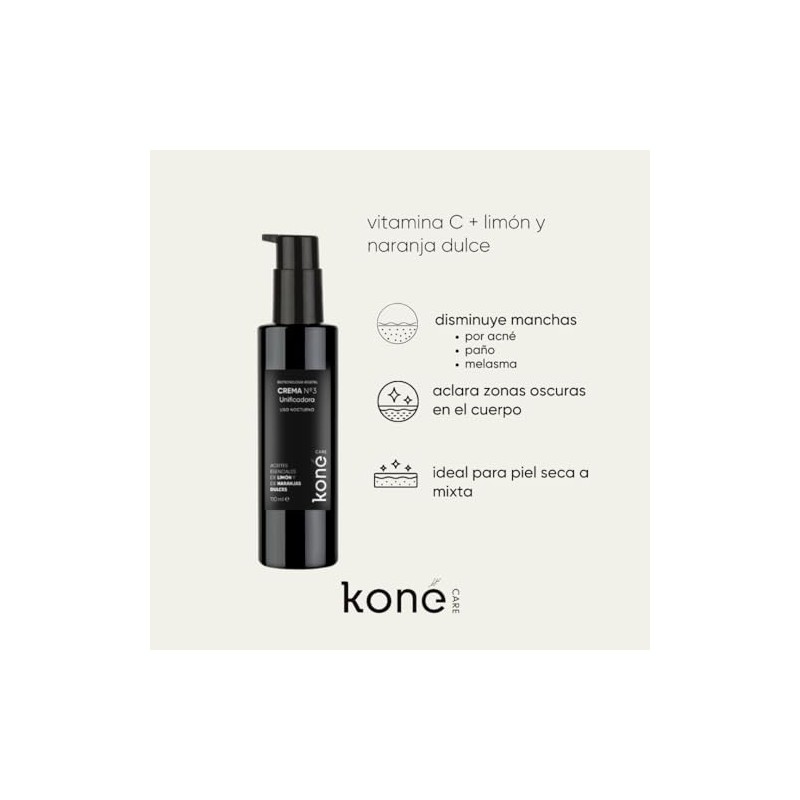 Koné Care Crema despigmentante unificadora: Vitamina C, rosa mosqueta, limón