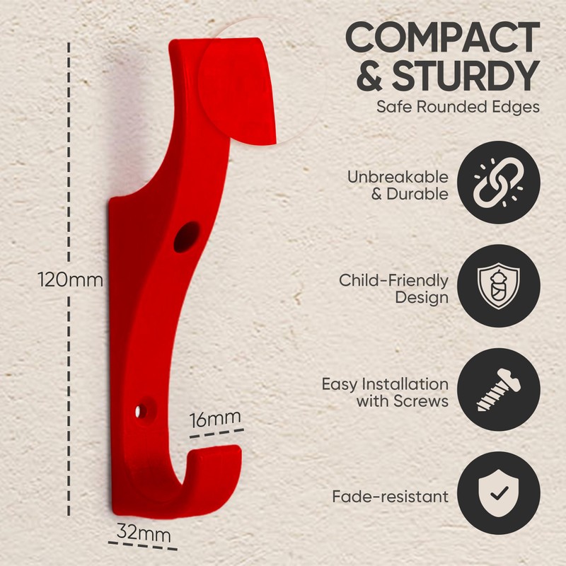 TOUGHOOK Unbreakable Plastic Safety Coat Hooks 10 Pack (Red)